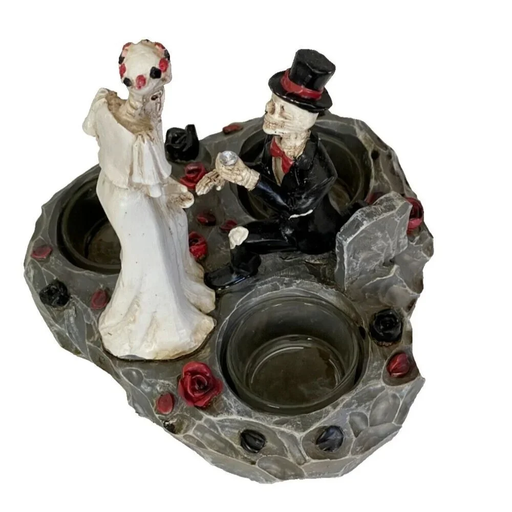 Yankee Candle Bride & Groom Skeletons Floral 3 Glass Tea Light Candle Holder